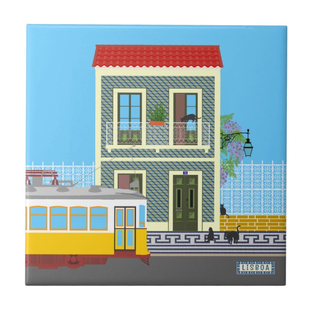 Altes Lissaboner Haus mit Katzen und gelber Straße Fliese (Vorderseite)