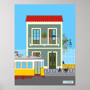 Altes Lissaboner Haus mit Katzen und gelber Straße Poster