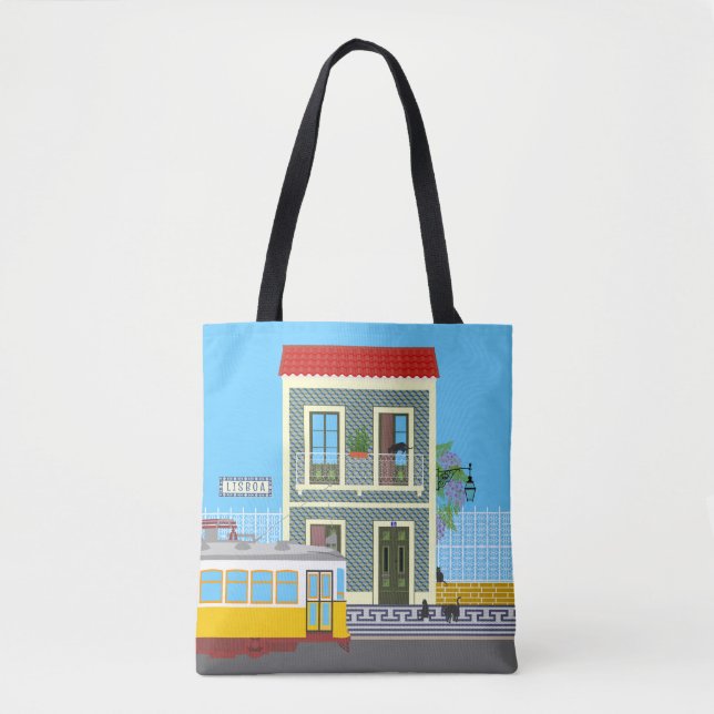 Altes Lissaboner Haus mit Katzen und gelber Straße Tasche (Vorderseite)