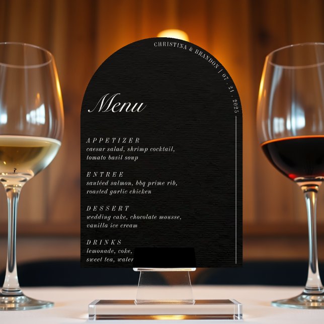 Altes Money Minimalistisch Black Arch Wedding Menu Einladung (Old Money Minimalist Black Arch Wedding Menu Invitation
)