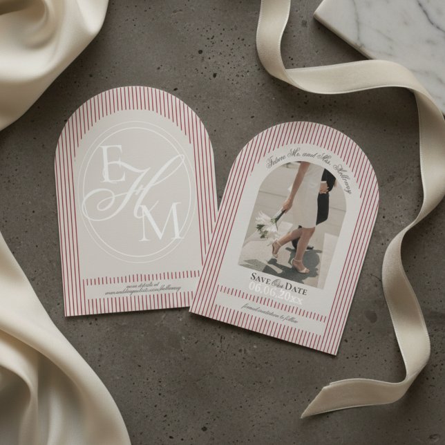 Altes Money Script Red Strip Foto Save the Date Einladung (Old Money Script Red Stripe Photo Save the Date Invitation)