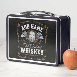 Altes Moonshine Whiskey-Etikett und FOTO Familienn Metall Brotdose