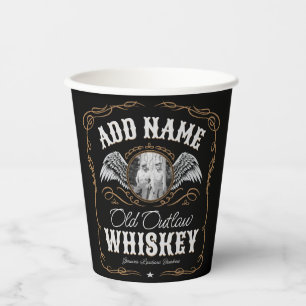 Altes Moonshine Whiskey-Etikett und FOTO Familienn Pappbecher