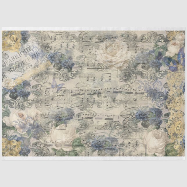 Altes Musikblatt Französisch Gold Navy Blauer Blum Seidenpapier (Vorderseite)