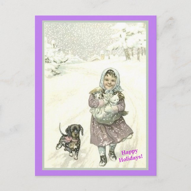Altes Niedliches Mädchen, Dackel, Katzen, Schnee Postkarte (Vorderseite)
