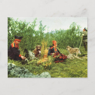 Altes Norwegen, Lappland, Sami-Familie am Kamin Postkarte