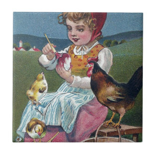 Altes Osterbild Mädchen malt Ei mit Hühnern Fliese