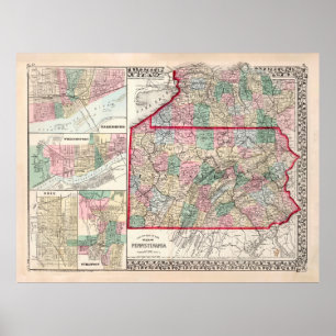 Altes Pennsylvania & Karte der verschiedenen Städt Poster