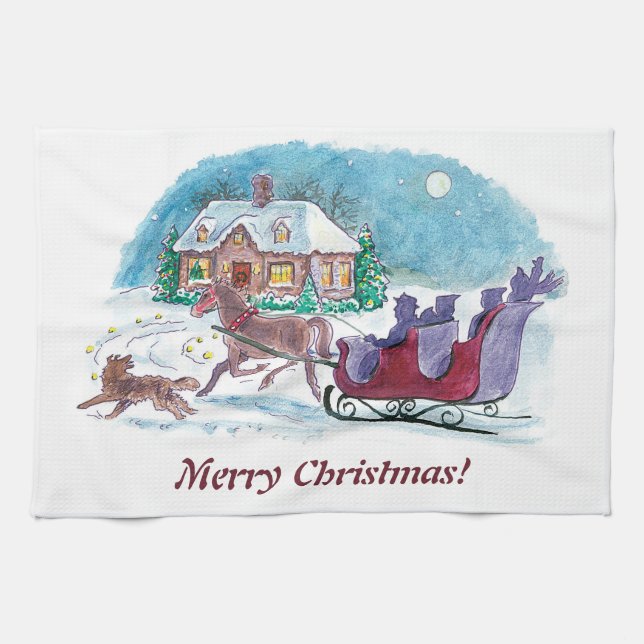 Altes Pferd und Schlitten Weihnachten Küchentuch (Horizontal)