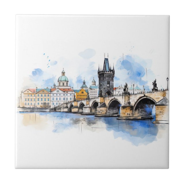 Altes Prag, Karlsbrücke Wasserfarbe Fliese (Vorderseite)