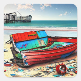 Altes Rotes Boot und Wracks am Strand Quadratischer Aufkleber