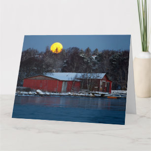 Altes rotes Holzbootshaus und Mond Grußkarte Karte