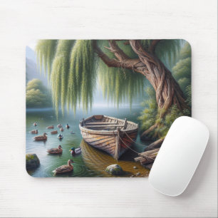 Altes Ruderboot getickt unter einem wilden Baum Mousepad