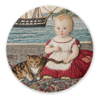 Altes Sampler-Szenen-Kind mit Katze Keramikknauf