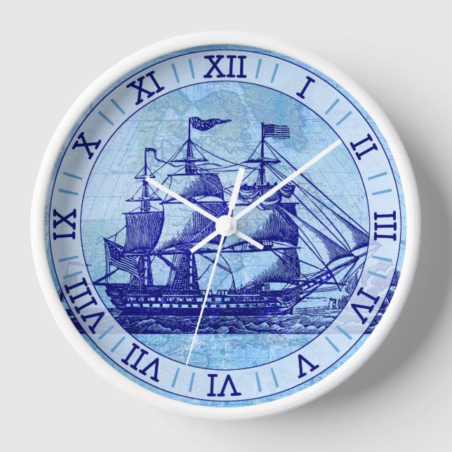 Altes Schiff und Karte Blue Nautical Sailing Wanduhr (Vorderseite)