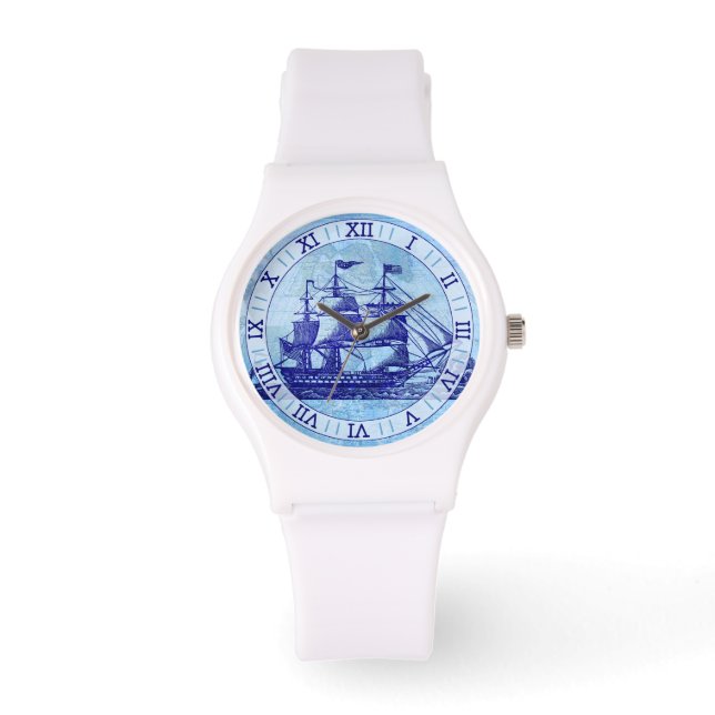 Altes Schiff und Karte Blue Nautical Sailors Armbanduhr (Vorderseite)