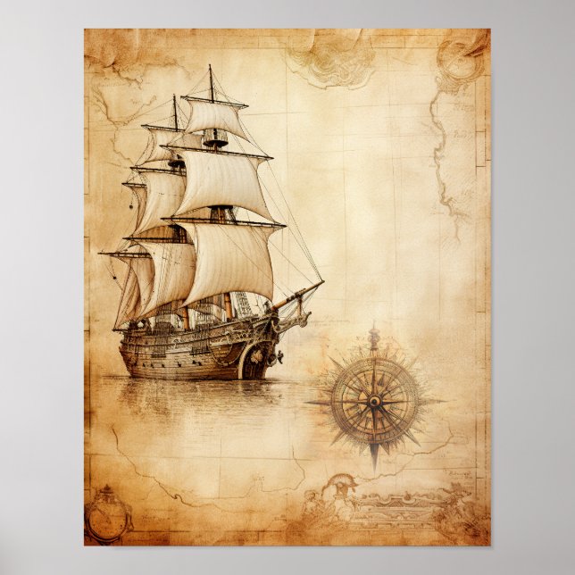Altes Schiff und Windrose Kompass Antike Karte Poster (Vorne)