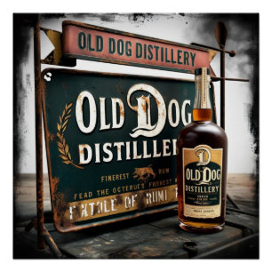 Altes Schild, das OLD DOG RUM bewirbt - Wandkunst Poster