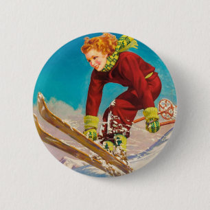 Altes Skiplakat, Dame Skispringerin Button