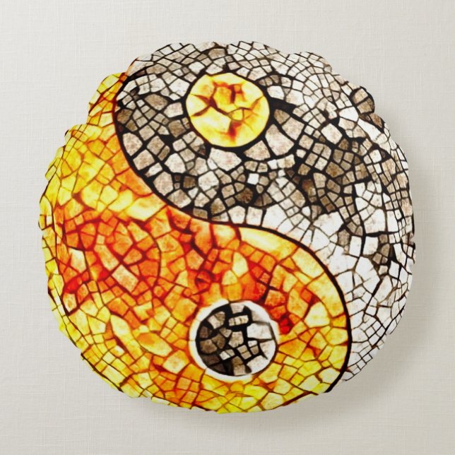 Altes Tempel-Mosaik Yin Yang Symbol Rundes Kissen (Vorderseite)