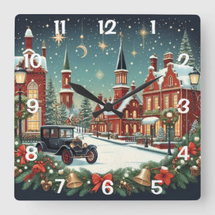 Altes Weihnachtsdorf Quadratische Wanduhr