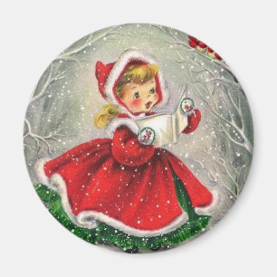 Altes Weihnachtsmädchen singt Vögeln vor Magnet