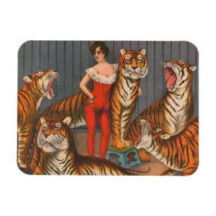 Altes Zirkusplakat einer Frau mit sechs Tigern. Magnet