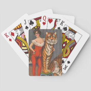Altes Zirkusplakat einer Frau mit sechs Tigern. Spielkarten