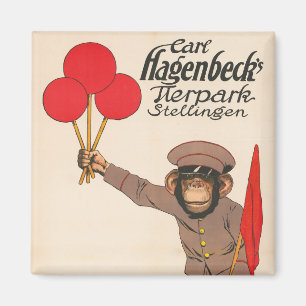 Altes Zirkusplakat eines Affen, der Luftballons hä Magnet