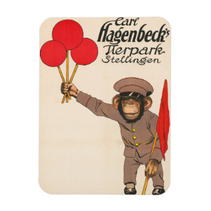 Altes Zirkusplakat eines Affen, der Luftballons hä Magnet