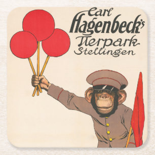 Altes Zirkusplakat eines Affen, der Luftballons hä Rechteckiger Pappuntersetzer