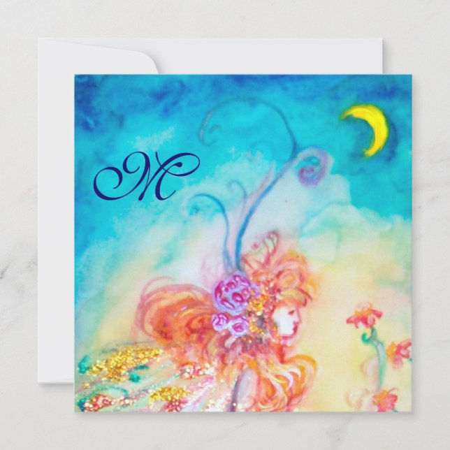 ALTHEA BLUME FAIRY Monogram Pink Blue Glitzern Einladung (Vorderseite)