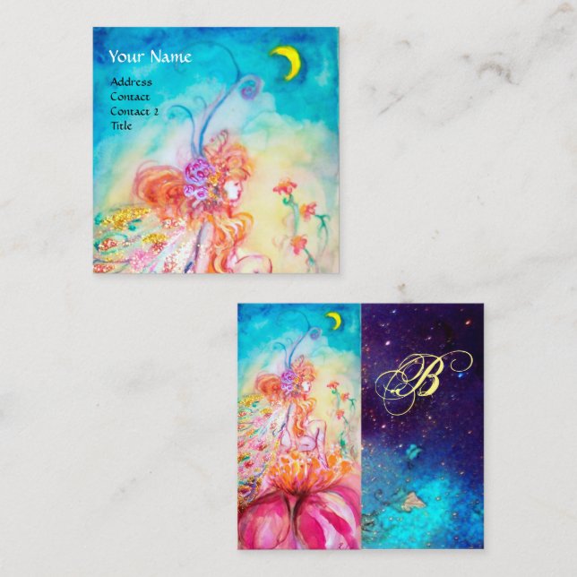 ALTHEA /Whimsical Fairy on Pink Blume Monogram Quadratische Visitenkarte (Vorne/Hinten)