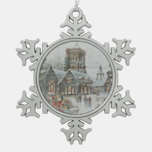 Althergebrachter Weihnachtsmann mit Kindern vor ei Schneeflocken Zinn-Ornament