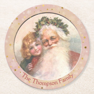 Althergebrachter Weihnachtsmann und kleines Mädche Runder Pappuntersetzer