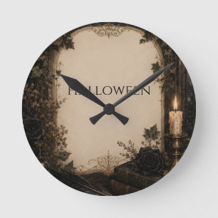 Altmodische Gothic-Halloween-Burgunderrosen, Efeu Runde Wanduhr