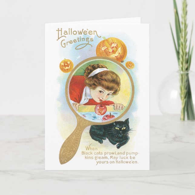 Altmodische Halloween, Girl & Black Cat Karte (Vorderseite)