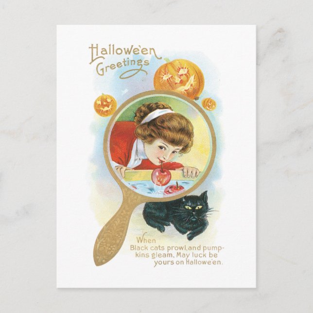 Altmodische Halloween, Girl & Black Cat Postkarte (Vorderseite)