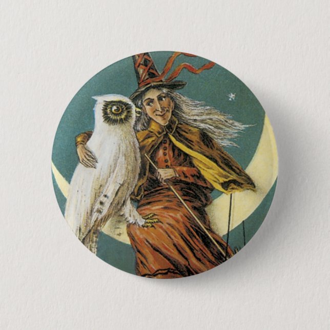 Altmodische Halloween-Hexe u. der Mond Button (Vorderseite)