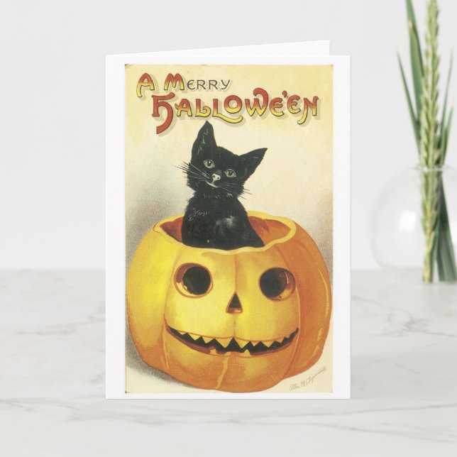 Altmodische Halloween-Jack-o'-Laterne, Schwarze Ka Karte (Vorderseite)