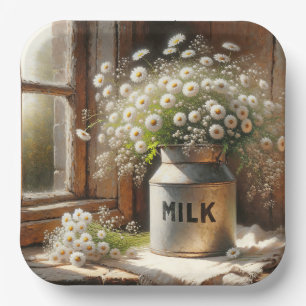 Altmodische Milchdose mit Daisy Bouquet Pappteller