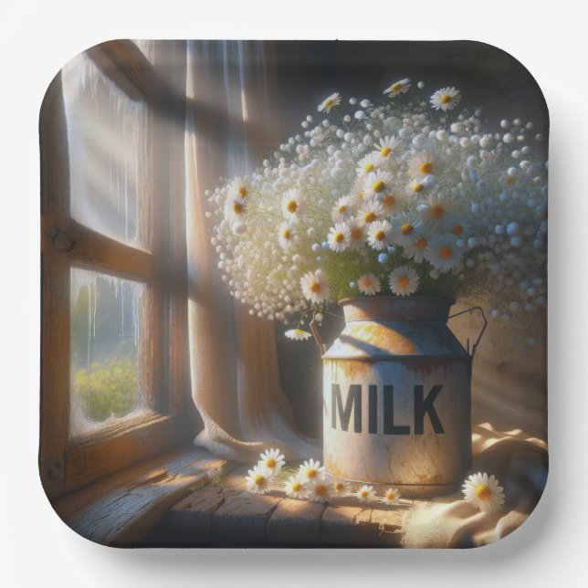 Altmodische Milchdose mit Daisy Bouquet Pappteller (Vorderseite)
