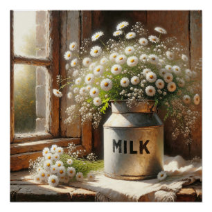 Altmodische Milchdose mit Daisy Bouquet Poster
