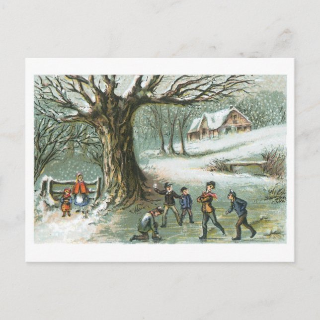 Altmodische Weihnachten, Schneelandschaft Feiertagspostkarte (Vorderseite)