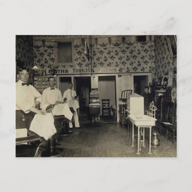 Altmodischer Barbershop 1912 Vintag Postkarte (Vorderseite)