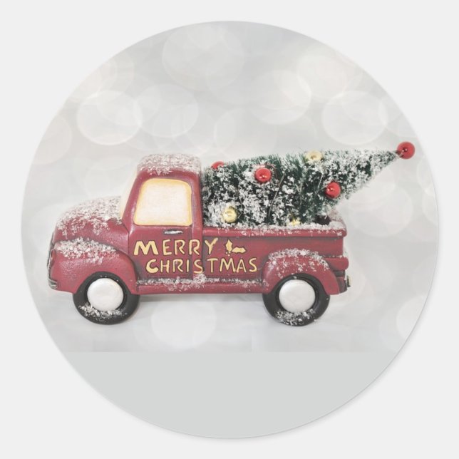 Altmodischer roter LKW mit Weihnachtsbaum Runder Aufkleber (Vorderseite)