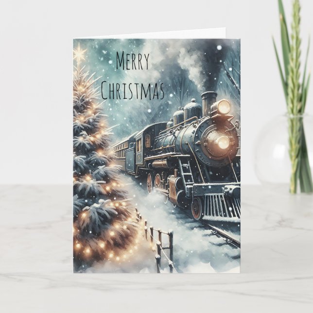 Altmodischer Zug und Vintage Winterlandschaft Karte (Vorderseite)