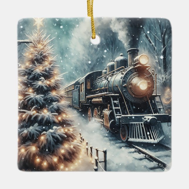 Altmodischer Zug und Vintage Winterlandschaft Keramikornament (Vorderseite)