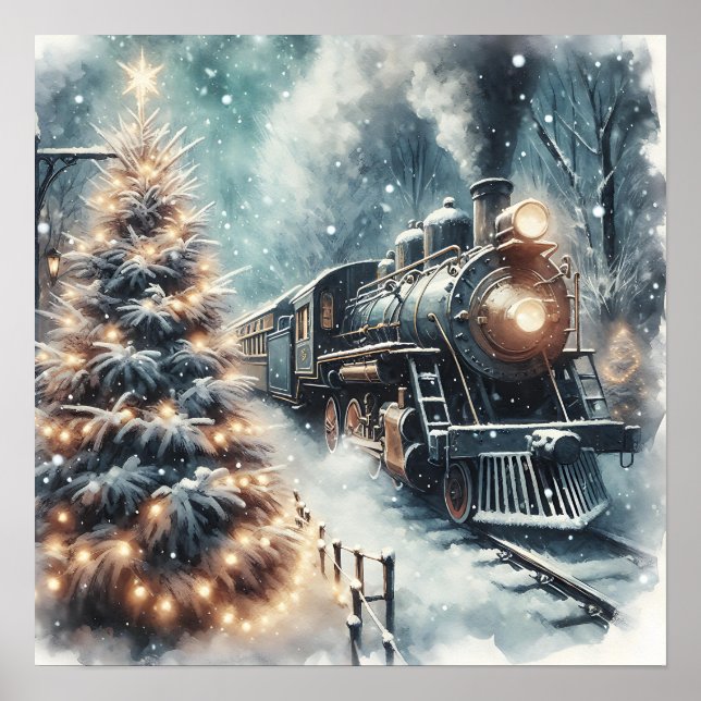 Altmodischer Zug und Vintage Winterlandschaft Poster (Vorne)