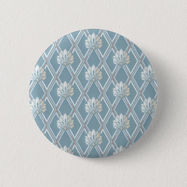 Altmodisches blaues Fan-Gitter-Tapeten-Muster Button (Vorderseite)